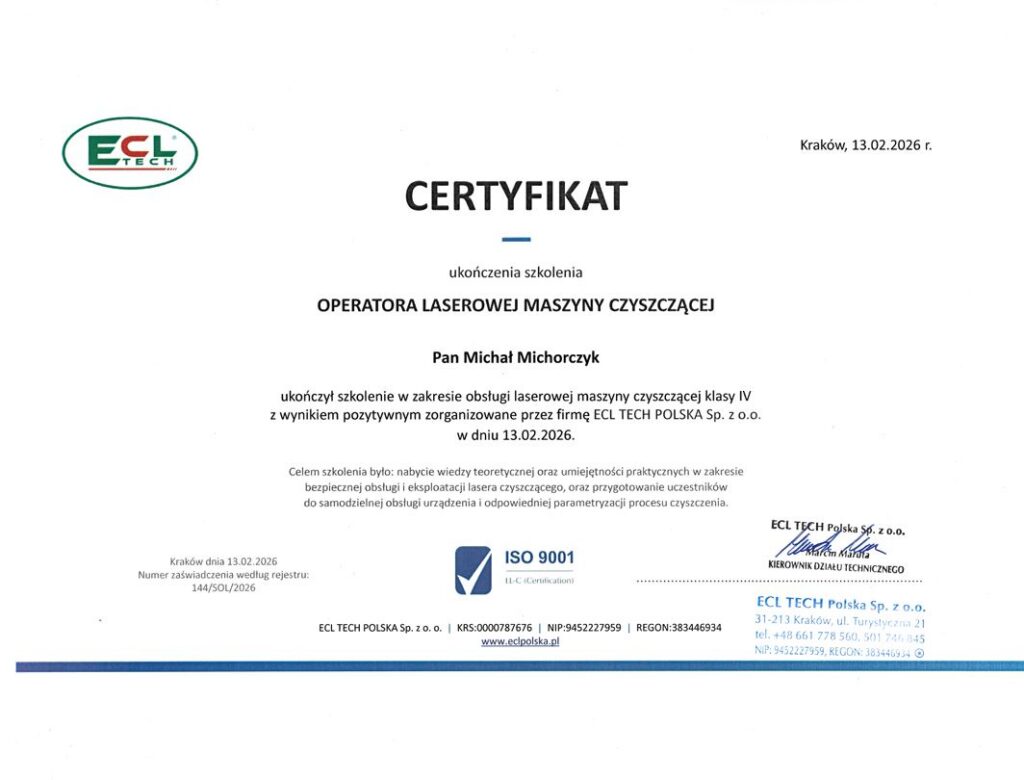 certyfikat ecl, operator laserowej maszyny czyszczącej